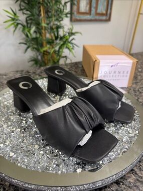 Journee Collection Black Ruched Block Heel Mule Sandals NEW